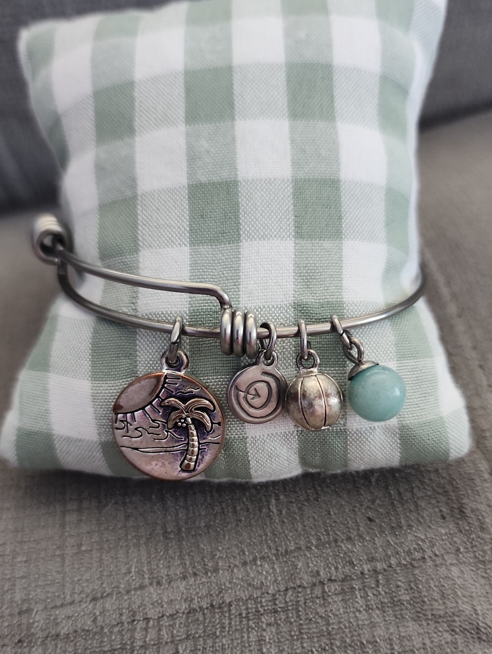 Silver Charm Bangle Bracelet with Beach Palm Charm and Aqua Bead